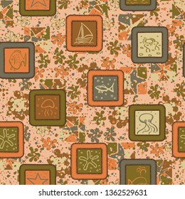Abstraction consisting of painted marine objects in the framework of a printed on a motley background. Seamless pattern.