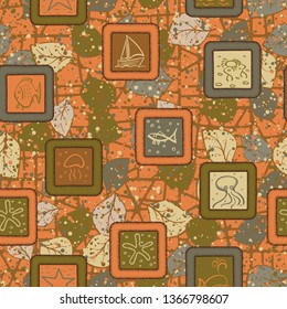 Abstraction consisting of painted marine objects in the framework of a printed on a motley background. Seamless pattern.