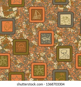 Abstraction consisting of painted marine objects in the framework of a printed on a motley background. Seamless pattern.