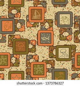 Abstraction consisting of painted marine objects in the framework of a printed on a motley background. Seamless pattern.