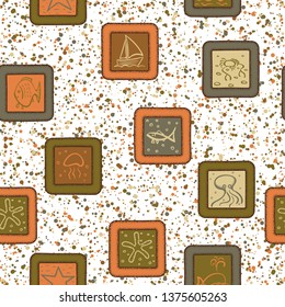 Abstraction consisting of painted marine objects in the framework of a printed on a motley background. Seamless pattern.