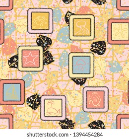 Abstraction consisting of painted marine objects in the framework of a printed on a motley background. Seamless pattern.
