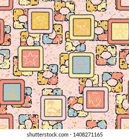 Abstraction consisting of painted marine objects in the framework of a printed on a motley background. Seamless pattern.