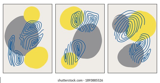 An abstraction consisting of spots of different shapes and swirling lines made in trendy colors set