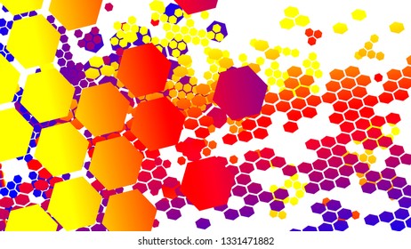 The abstraction consists of five shades. Hexagonal colored flowers. Yellow, orange, purple, red and blue. The white background is transparent.