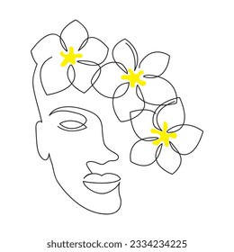 Abstraction Continuous abstraction line drawing of woman face with flowers plumeria. Vector