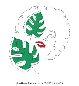 Abstraction Continuous abstraction line drawing of woman face with leaves. Vector