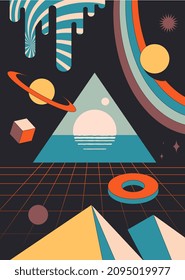 Abstraction cosmic poster. Bright psychodelic cover. Old hippie style pictures. Retro banner and poster. Futuristic image, cyberpunk and technology development. Cartoon volumetric vector illustration