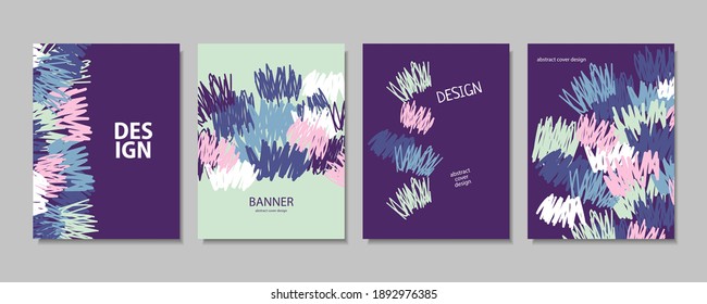 Abstraction cover templates set, drawing with marker, vector paint stain abstract background. Purple pink color. Flyer, presentation, brochure, banner, poster design.