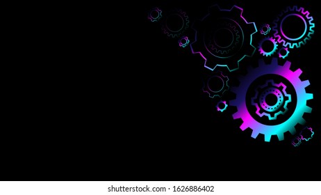 Abstraction. Dark background with bright and colored gears. Mechanical vector background.