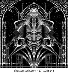 Abstraction, dark monument in the form of three heads looking in different directions, with an architectural construction, arches, against the background of space, in the gothic style, with patterns.