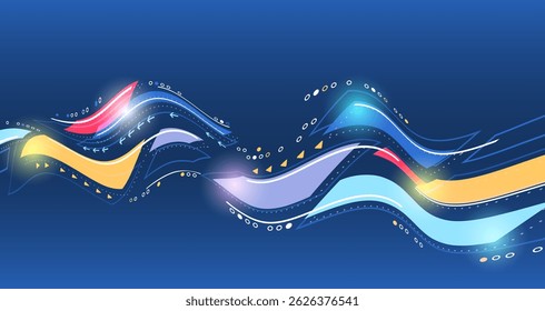 Abstraction of data transfer, network connection and advanced digital technologies. Technological background with dynamic smooth lines, colorful geometric shapes and arrows in different directions.
