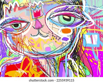 abstraction digital contemporary art, 
cat with big eyes in bright colors, modern artwork vector illustration