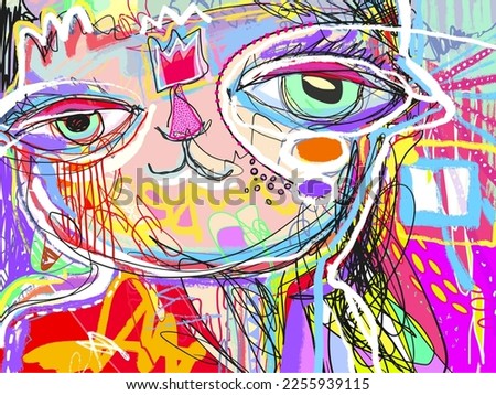abstraction digital contemporary art, 
cat with big eyes in bright colors, modern artwork vector illustration