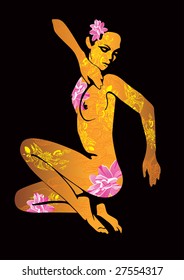 Abstraction. An ethnic Chinese ornament, against a silhouette of the bared girl