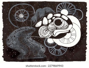 Abstraction. Fish on a black background. Postcard. Traced drawing.