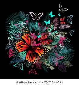 Abstraction with flowers and butterflies. hand drawn. Not AI, Vector illustration.