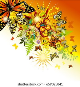 Abstraction with flowers and butterflies. Vector