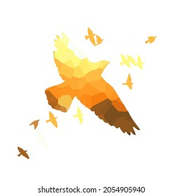 Aves voladoras de abstracción y puesta de sol. Ilustración del vector