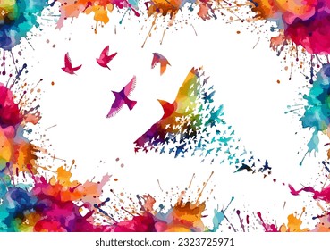 Abstraction with flying colorful birds. A flock of flying rainbow birds. Vector illustration
