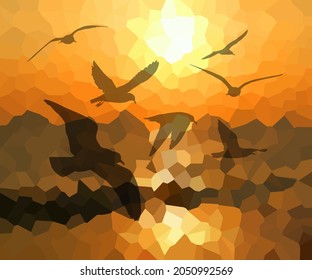 Abstraction flying seagulls at sunset. Vector illustration