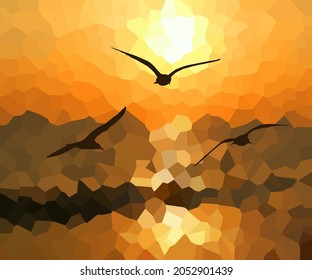 Abstraction flying seagulls at sunset. Vector illustration