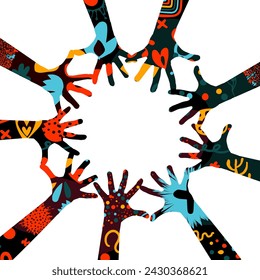 Abstraction friendship. Hands with patterns. hand drawing. Not AI. Poster vector illustration