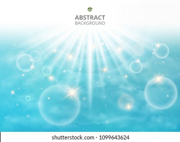 Abstraction of full effect sunburst in summer vacation on soft light blue sky background with clouds and aura. Presenting with space of texting. Illustration vector eps10