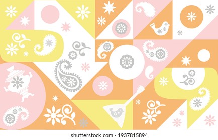 Abstraction of geometric shapes in white, pink, yellow on an orange background. the drawing uses decorative elements in the form of stars, birds, balalaika and floral ornament
