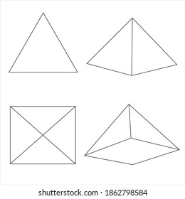 Abstraction. Geometrical figure. Pyramid, triangle in different angles. The view from the top,bottom,side,right.