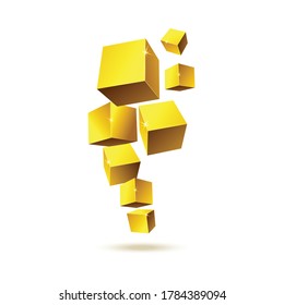 Abstraction of gold metal 3d render cubes in motion. Geometric blocks. Realistic vector illustration isolated on a white background.