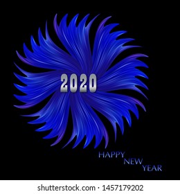 Abstraction graceful blue wave in a circle on a black background. Happy new year card.