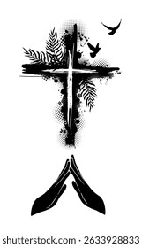 Abstraction of hands in prayer near a cross. hand drawn. Not AI, Vector.