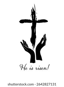 Abstraction of hands in prayer near a cross. He is risen hand drawn. Not AI, Vector.