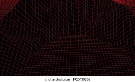Abstracción. Paisaje de las montañas. Fondo horizontal de la estructura alambrada. 3d fondo de conexión retro de ciencia ficción. Ilustración vectorial futurista