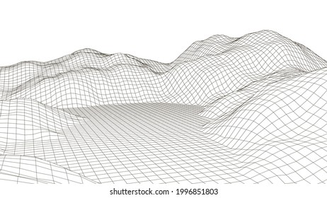 Abstraction. Landscaping of mountains. Wireframe landscape background. 3d sci-fi retro connection background. Futuristic vector illustration