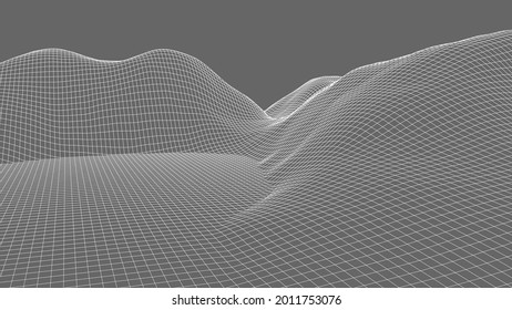 Abstracción. Paisaje de las montañas. Fondo horizontal de la estructura alambrada. 3d fondo de conexión retro de ciencia ficción. Ilustración vectorial futurista