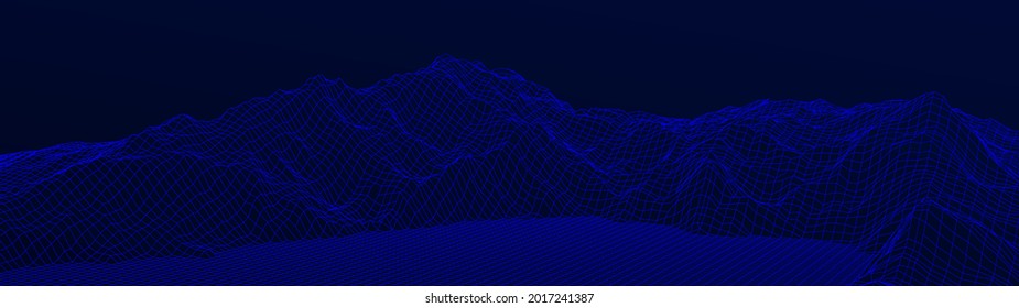 Abstracción. Paisaje de las montañas. Fondo horizontal de la estructura alambrada. 3d fondo de conexión retro de ciencia ficción. Ilustración vectorial futurista
