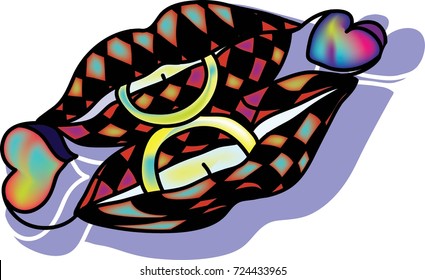 abstraction with lips in a cell, rings and colored hearts