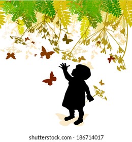 abstraction Little girl with butterflies and herbs. Vector