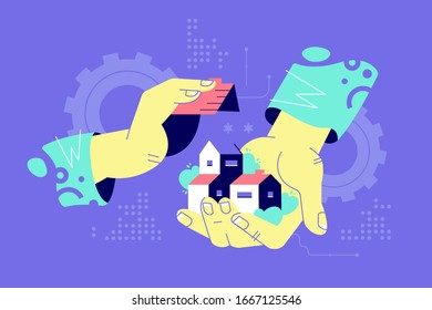 Abstraction male hands building two-storey home construction. Concept worker people sets roof on building on purple background. Vector illustration.