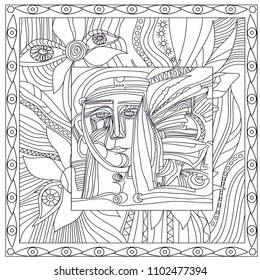 Abstraction. A man in the jungle. Vector illustration. Coloring book.