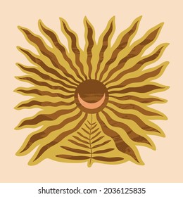 Abstraction minimalist design. Boho modern minimal wall art print, trendy flat style. Leaflet, poster or layout, abstract shapes, grunge texture tropical palm leaf, brush drawing. Geometrical natural