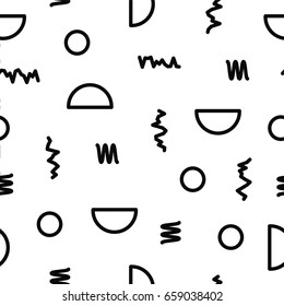 Abstraction of a modern style with a composition of various geometric shapes. Seamless vector illustration. Memphis, retro texture. Fashion 80's 90's. Background for printing. Black and white color.