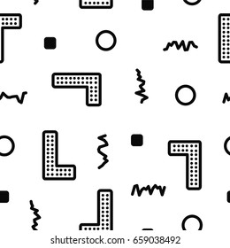 Abstraction of a modern style with a composition of various geometric shapes. Seamless vector illustration. Memphis, retro texture. Fashion 80's 90's. Background for printing. Black and white color.