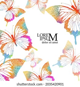 Abstraction multicolored butterflies. Multi-colored blots. Postcard with butterflies with place for text. Mixed media. Vector illustration