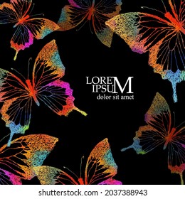 Abstraction multicolored butterflies. Multi-colored blots. Postcard with butterflies with place for text. Dark background. Mixed media. Vector illustration