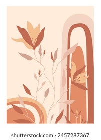 Abstraction of nature with branches of plants simple shapes on beige background. Illustration in retro and minimal style. Vector for poster, cover, leaflet or wall decor.