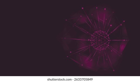 Abstraction of network plexus on dark background. Sphere. Illustration with connected lines and dots. Abstract mesh design. Connection structure. Technologies. 3d wireframe vector object.