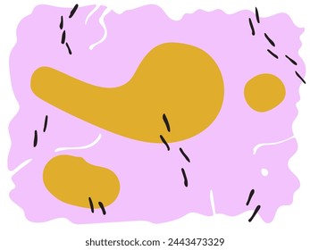 Abstraction. Ochre blobs on purple crumpled backdrop and black small stripes nearby. Vector illustration.